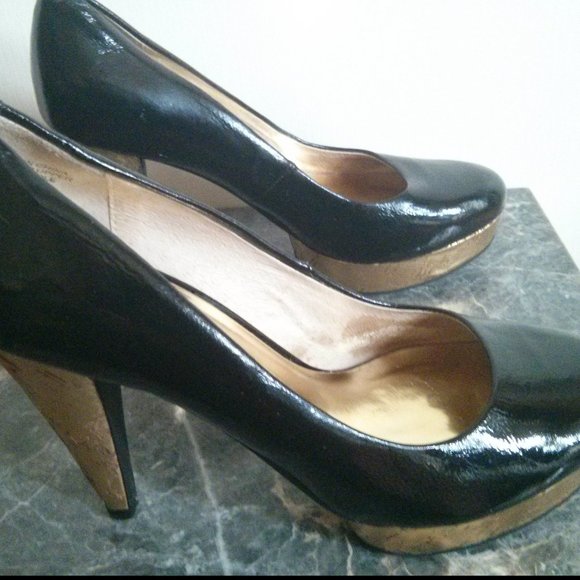 Patent Black & Gold Cork Platform Heels Size 6.5 - Picture 7 of 16